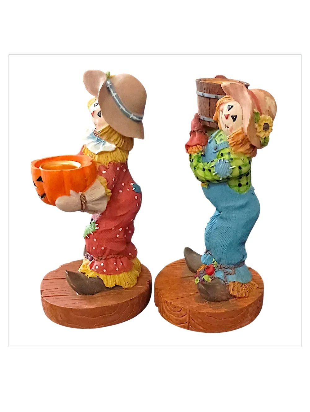 2 Vtg Scarecrow Candle Holders Resin Fall Thanksgiving Decor‎ Halloween Autumn
